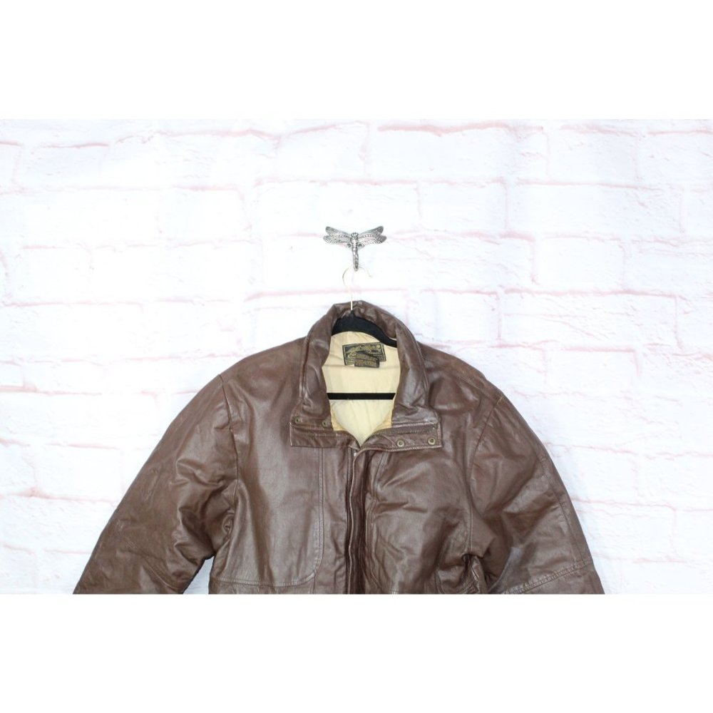 Eddie Bauer Brown Leather Nylon Lined Down Jacket Size L Tall - Picture 2 of 10